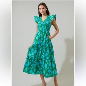 NWT Sugarlips Waterlily Floral Sunfire Smocked Bodice Tiered Midi Dress